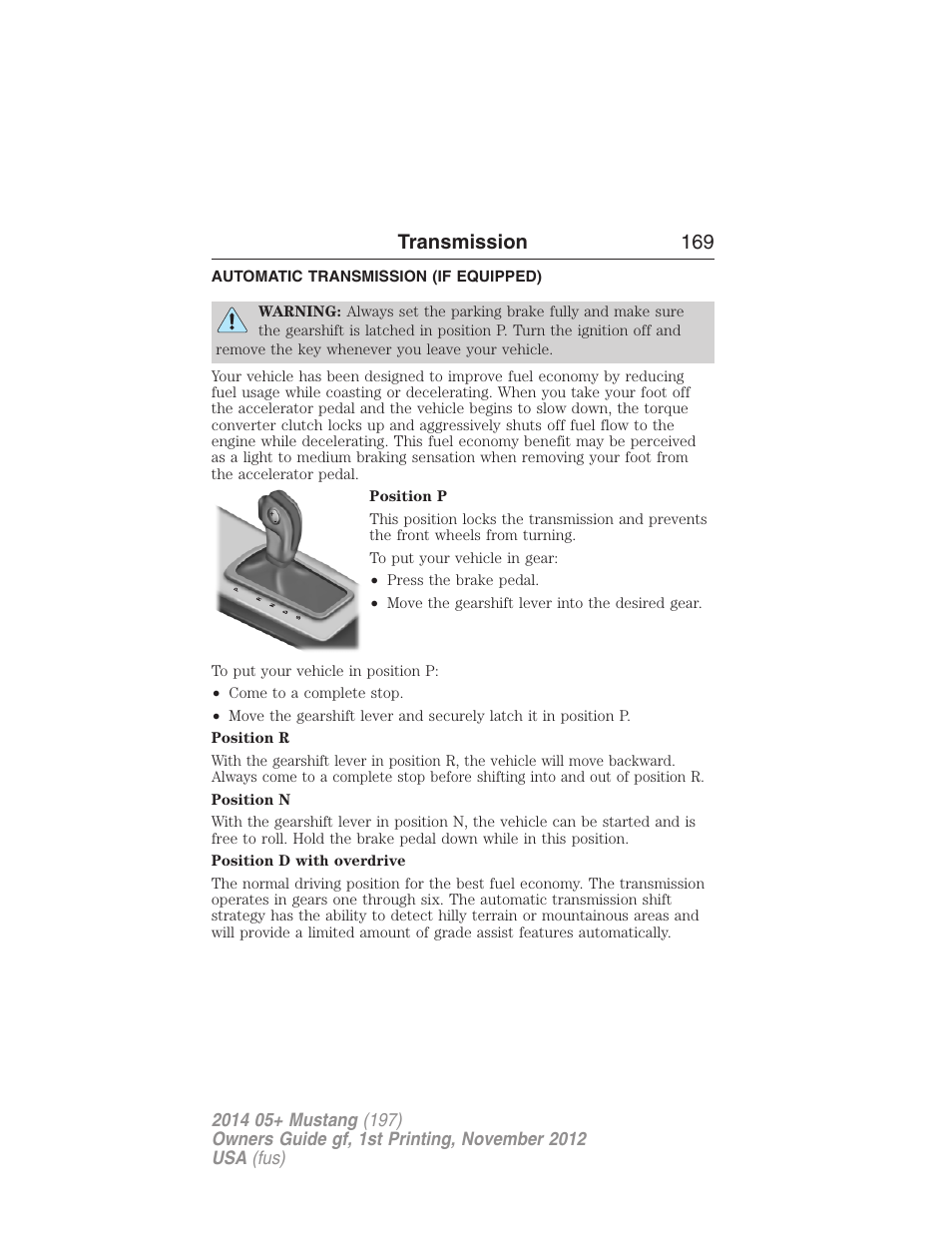 Transmission, Automatic transmission (if equipped), Transmission operation | Automatic transmission, Transmission 169 | FORD 2014 Mustang v.1 User Manual | Page 170 / 461