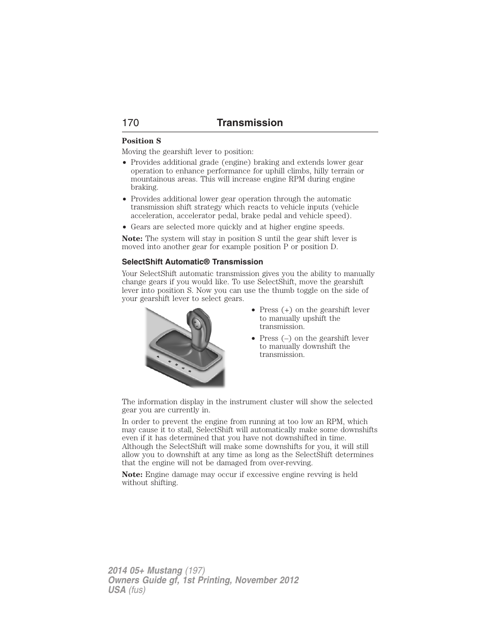 Selectshift automatic® transmission, 170 transmission | FORD 2014 Mustang v.1 User Manual | Page 171 / 461