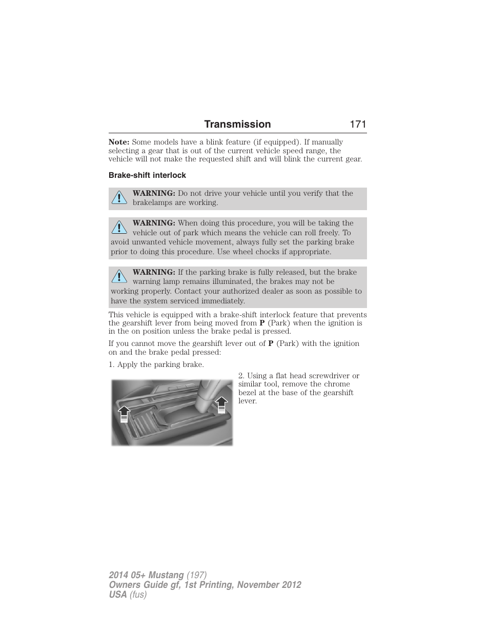 Brake-shift interlock, Transmission 171 | FORD 2014 Mustang v.1 User Manual | Page 172 / 461