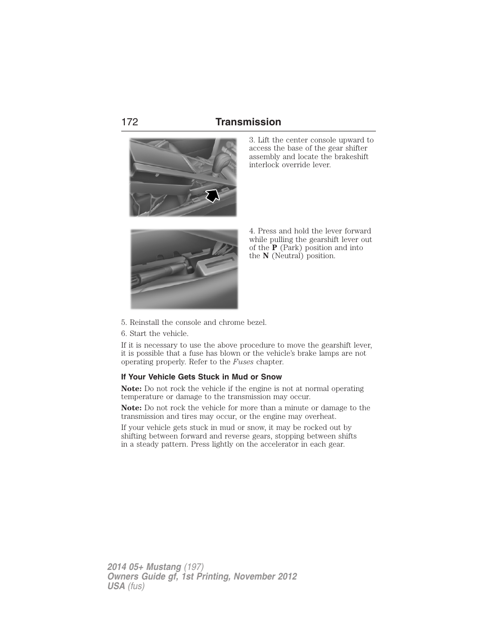 If your vehicle gets stuck in mud or snow, 172 transmission | FORD 2014 Mustang v.1 User Manual | Page 173 / 461