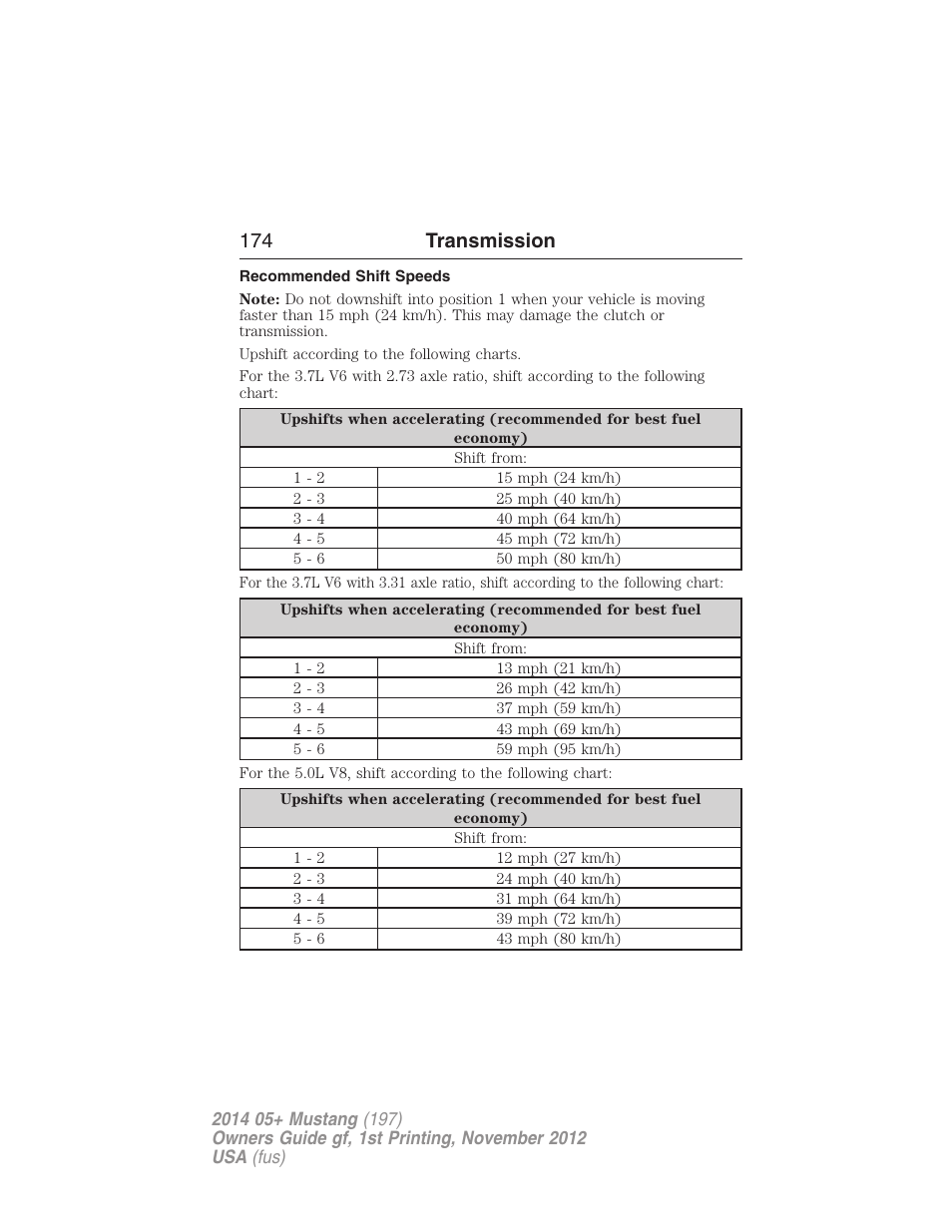 Recommended shift speeds, 174 transmission | FORD 2014 Mustang v.1 User Manual | Page 175 / 461