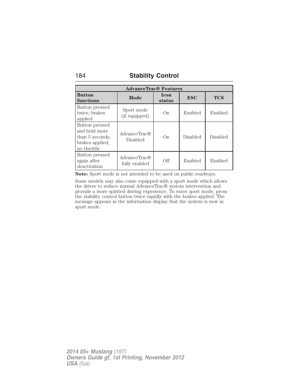 184 stability control | FORD 2014 Mustang v.1 User Manual | Page 185 / 461