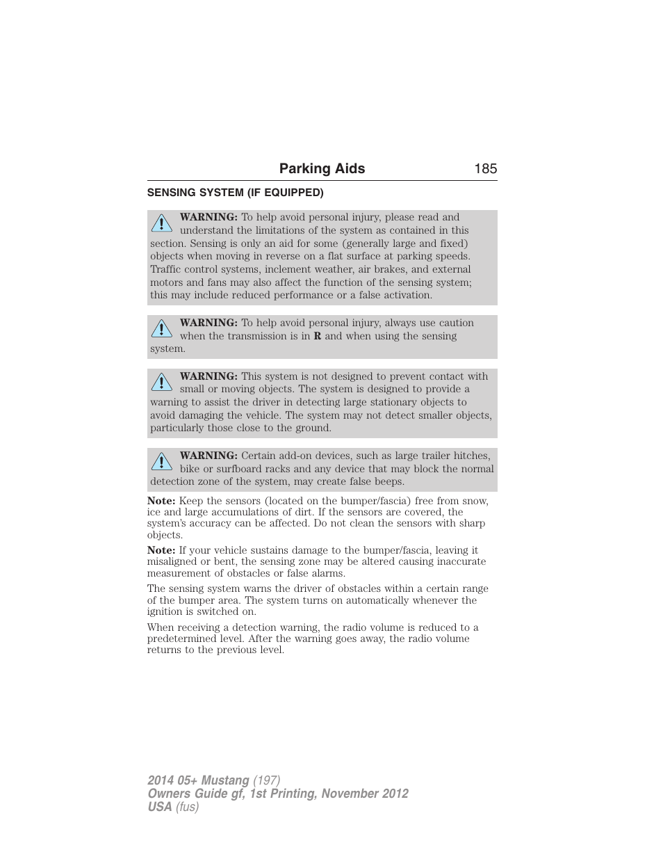 Parking aids, Sensing system (if equipped), Sensing system | Parking aids 185 | FORD 2014 Mustang v.1 User Manual | Page 186 / 461