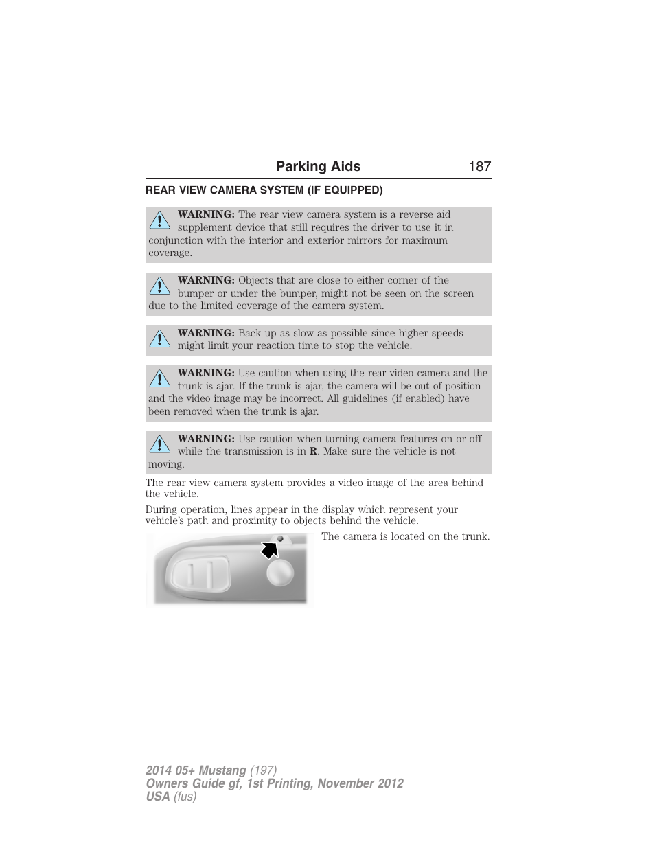 Rear view camera system (if equipped), Rear-view camera system, Parking aids 187 | FORD 2014 Mustang v.1 User Manual | Page 188 / 461