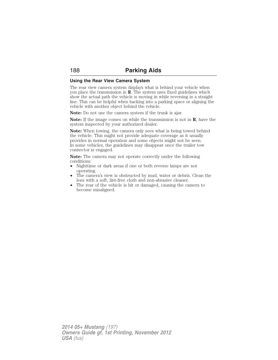 Using the rear view camera system, 188 parking aids | FORD 2014 Mustang v.1 User Manual | Page 189 / 461