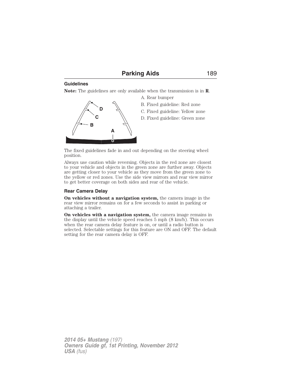 Guidelines, Rear camera delay, Parking aids 189 | FORD 2014 Mustang v.1 User Manual | Page 190 / 461