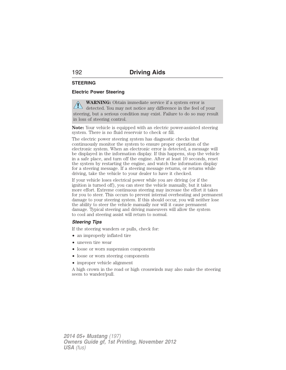 Driving aids, Steering, Electric power steering | Steering tips, 192 driving aids | FORD 2014 Mustang v.1 User Manual | Page 193 / 461