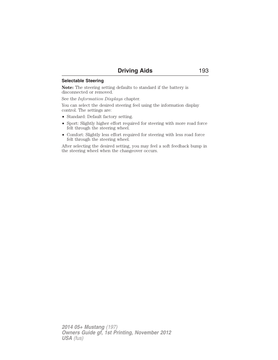 Selectable steering, Driving aids 193 | FORD 2014 Mustang v.1 User Manual | Page 194 / 461