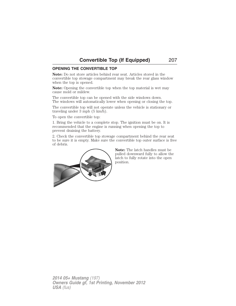 Convertible top (if equipped), Opening the convertible top, Convertible top (if equipped) 207 | FORD 2014 Mustang v.1 User Manual | Page 208 / 461