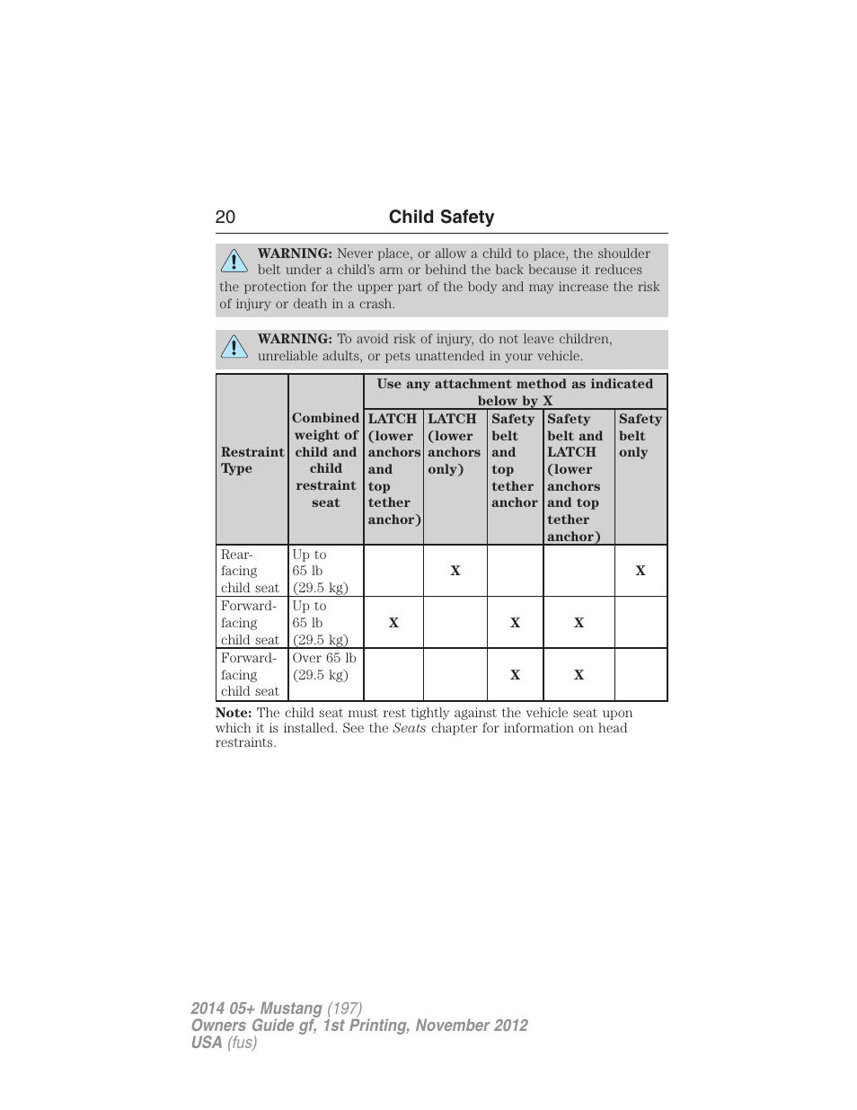 20 child safety | FORD 2014 Mustang v.1 User Manual | Page 21 / 461