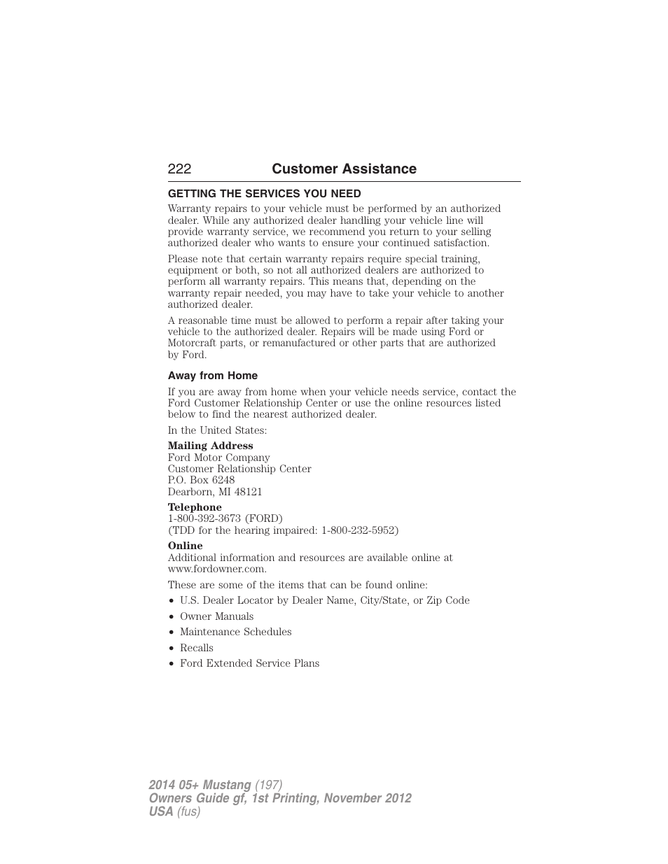 Customer assistance, Getting the services you need, Away from home | 222 customer assistance | FORD 2014 Mustang v.1 User Manual | Page 223 / 461