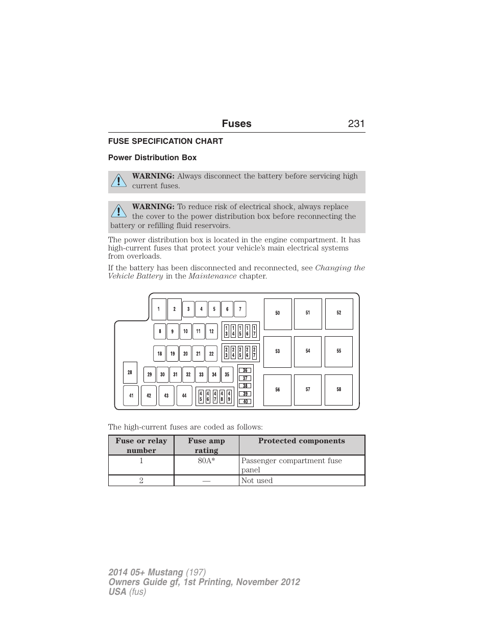 Fuse specification chart, Power distribution box, Fuses 231 | FORD 2014 Mustang v.1 User Manual | Page 232 / 461