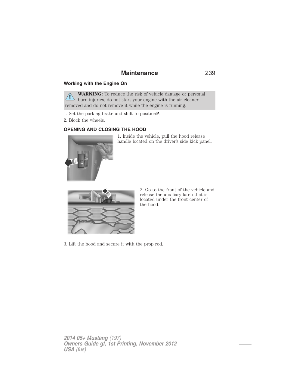 Working with the engine on, Opening and closing the hood, Maintenance 239 | FORD 2014 Mustang v.1 User Manual | Page 240 / 461