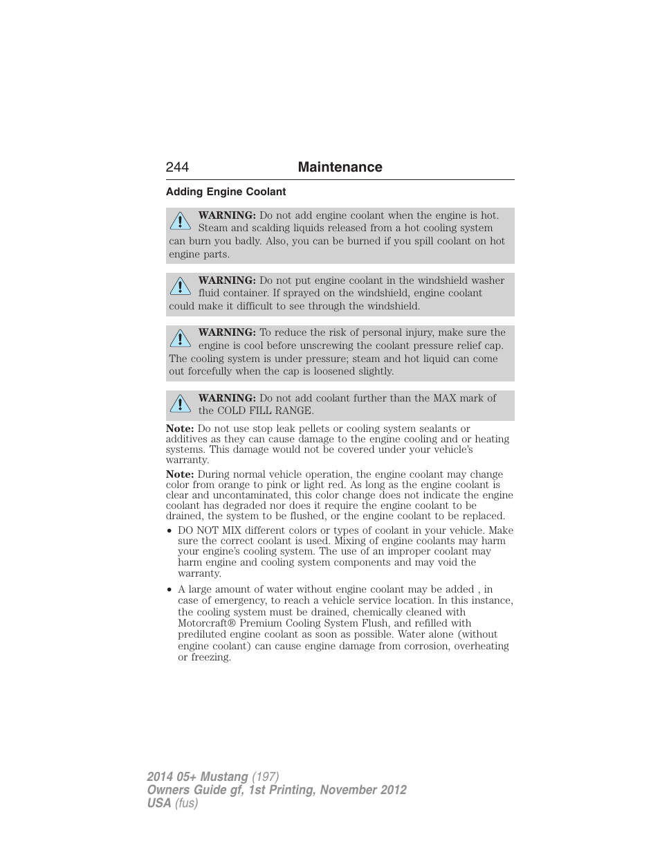 Adding engine coolant, 244 maintenance | FORD 2014 Mustang v.1 User Manual | Page 245 / 461