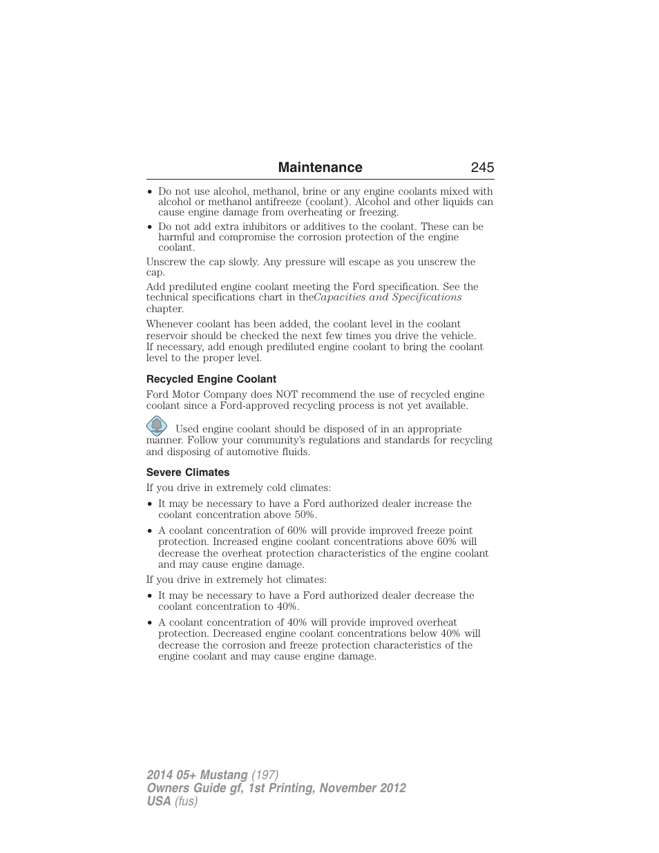 Recycled engine coolant, Severe climates, Maintenance 245 | FORD 2014 Mustang v.1 User Manual | Page 246 / 461