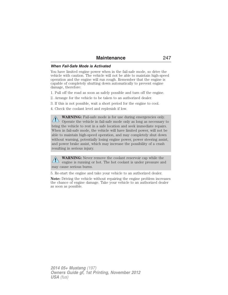 When fail-safe mode is activated, Maintenance 247 | FORD 2014 Mustang v.1 User Manual | Page 248 / 461
