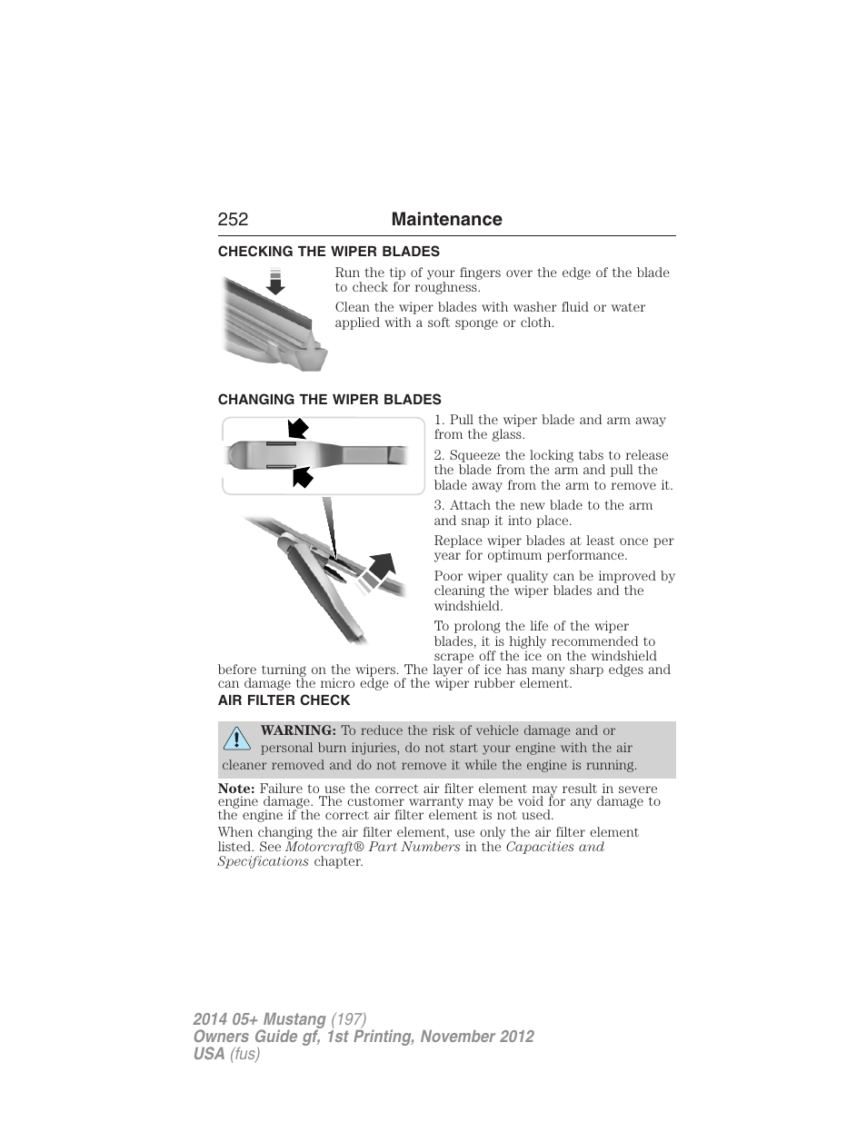 Checking the wiper blades, Changing the wiper blades, Air filter check | Air filter(s), 252 maintenance | FORD 2014 Mustang v.1 User Manual | Page 253 / 461