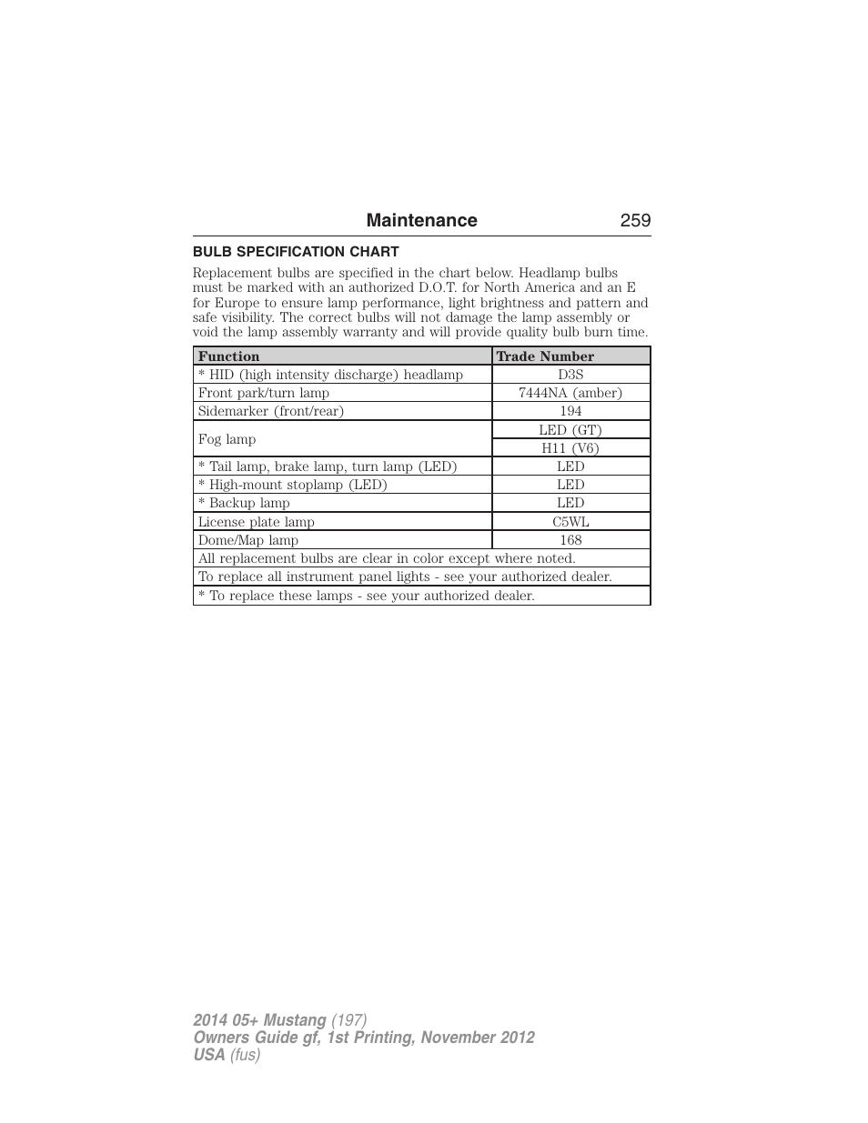 Bulb specification chart, Maintenance 259 | FORD 2014 Mustang v.1 User Manual | Page 260 / 461