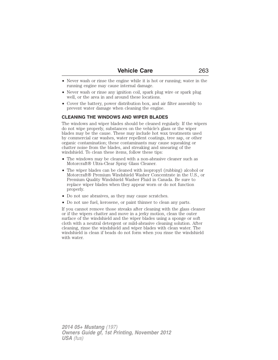 Cleaning the windows and wiper blades, Vehicle care 263 | FORD 2014 Mustang v.1 User Manual | Page 264 / 461