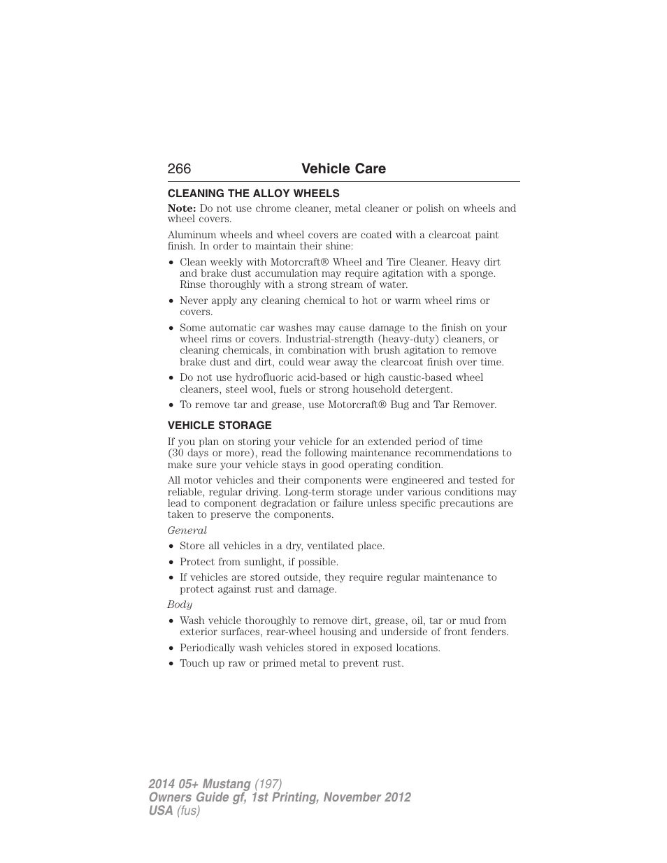 Cleaning the alloy wheels, Vehicle storage, 266 vehicle care | FORD 2014 Mustang v.1 User Manual | Page 267 / 461
