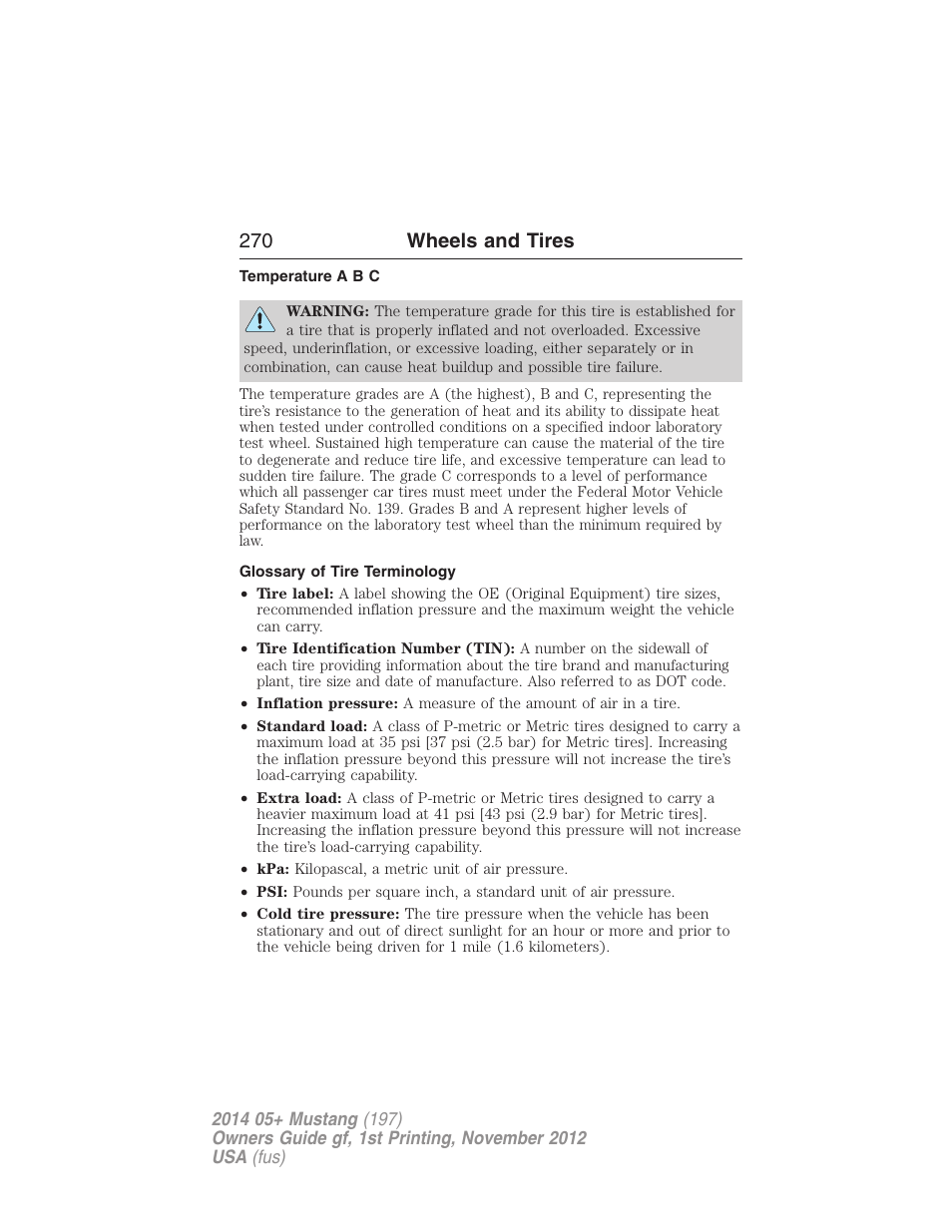 Temperature a b c, Glossary of tire terminology, 270 wheels and tires | FORD 2014 Mustang v.1 User Manual | Page 271 / 461