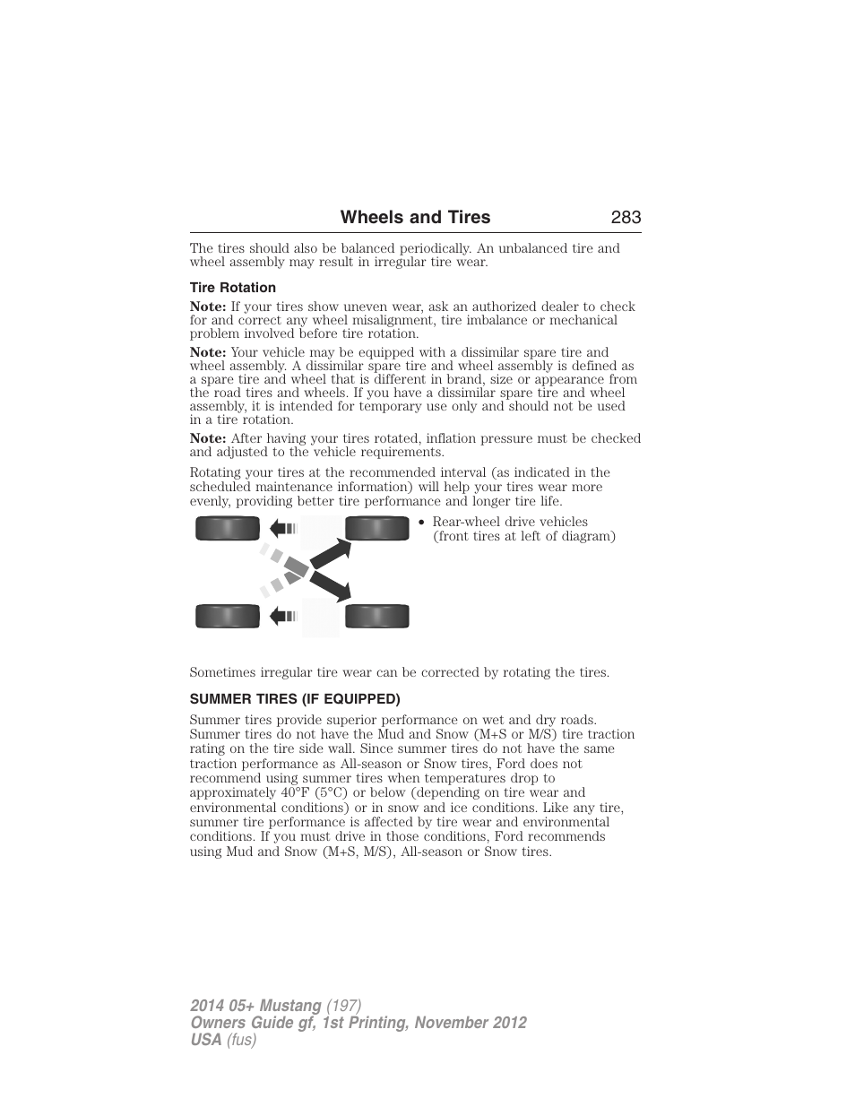 Tire rotation, Summer tires (if equipped), Wheels and tires 283 | FORD 2014 Mustang v.1 User Manual | Page 284 / 461