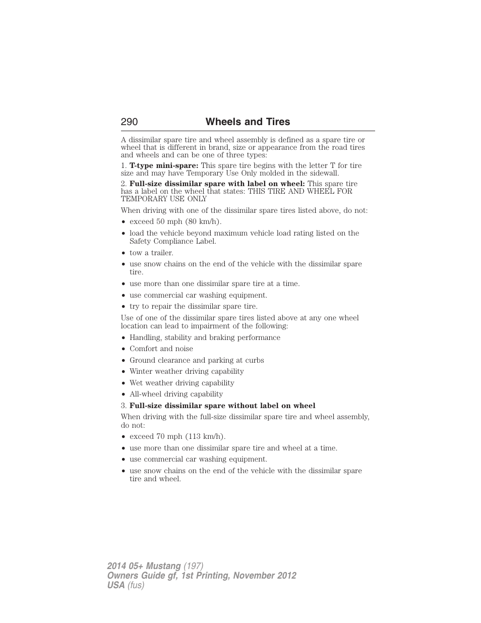 290 wheels and tires | FORD 2014 Mustang v.1 User Manual | Page 291 / 461