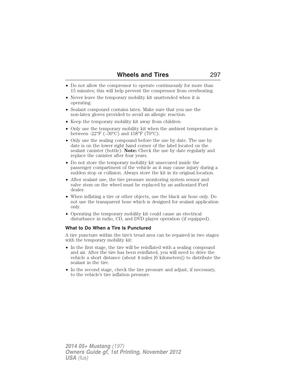 What to do when a tire is punctured, Wheels and tires 297 | FORD 2014 Mustang v.1 User Manual | Page 298 / 461