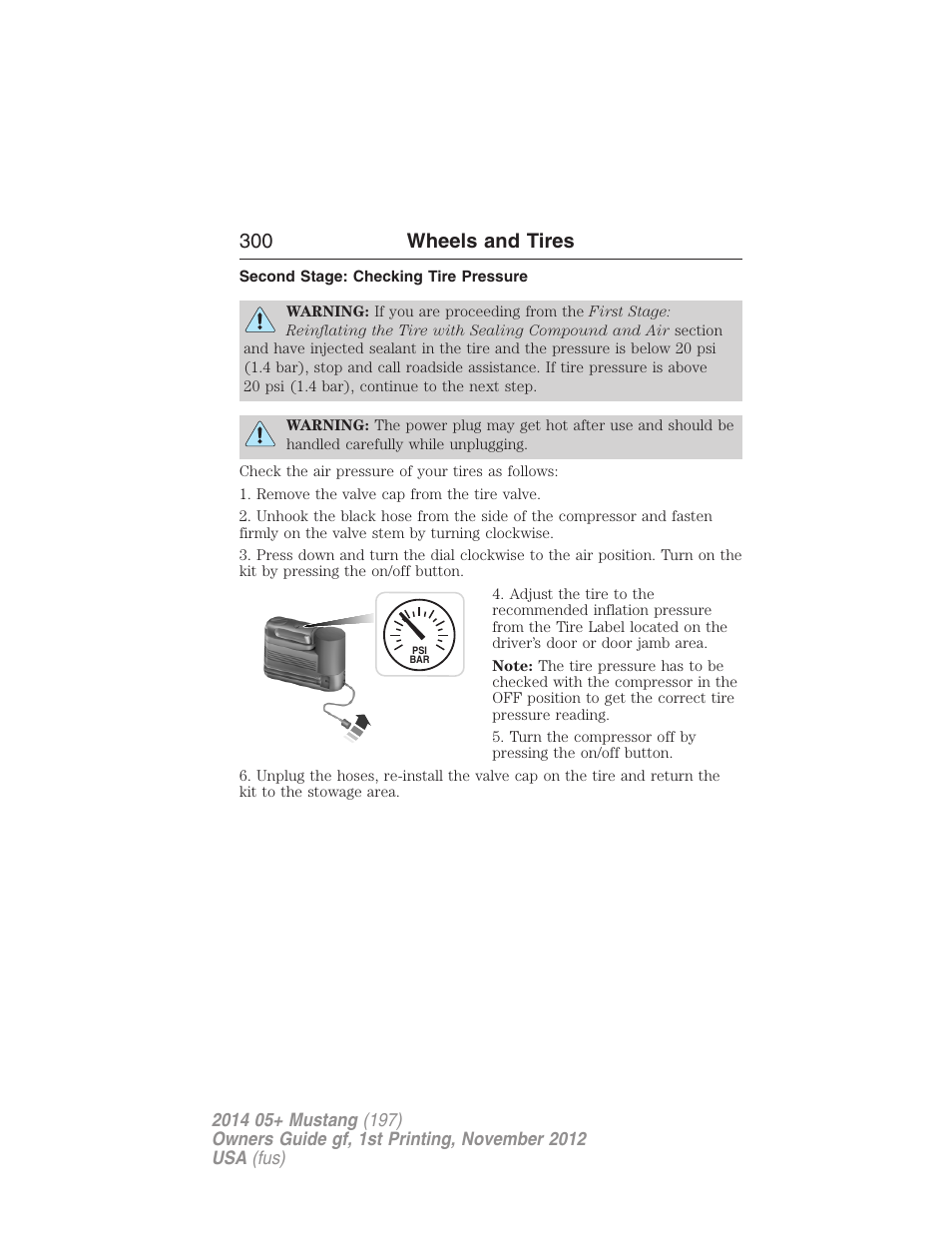 Second stage: checking tire pressure, 300 wheels and tires | FORD 2014 Mustang v.1 User Manual | Page 301 / 461