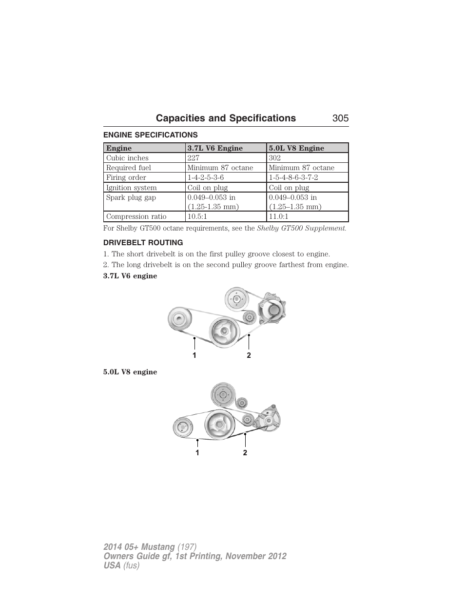 Capacities and specifications, Engine specifications, Drivebelt routing | Engine drivebelt, Capacities and specifications 305 | FORD 2014 Mustang v.1 User Manual | Page 306 / 461