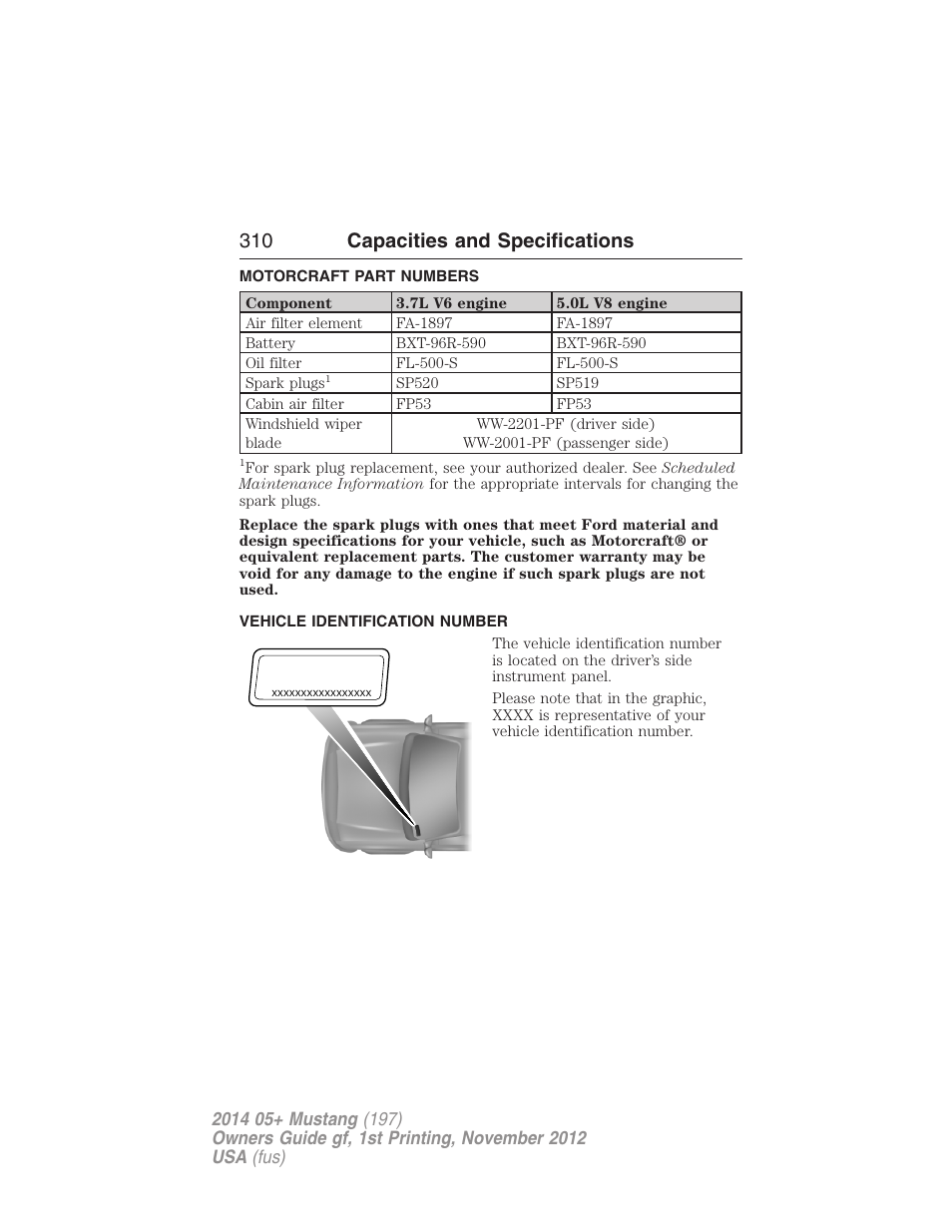 Motorcraft part numbers, Vehicle identification number, Part numbers | 310 capacities and specifications | FORD 2014 Mustang v.1 User Manual | Page 311 / 461