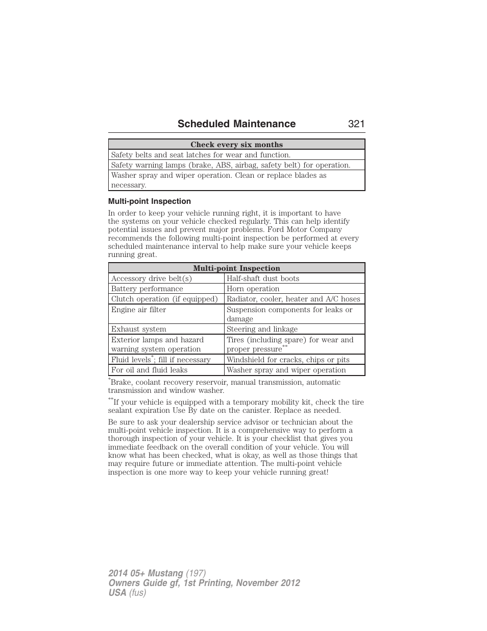 Multi-point inspection, Scheduled maintenance 321 | FORD 2014 Mustang v.1 User Manual | Page 322 / 461