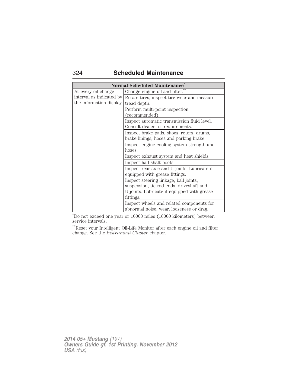 324 scheduled maintenance | FORD 2014 Mustang v.1 User Manual | Page 325 / 461