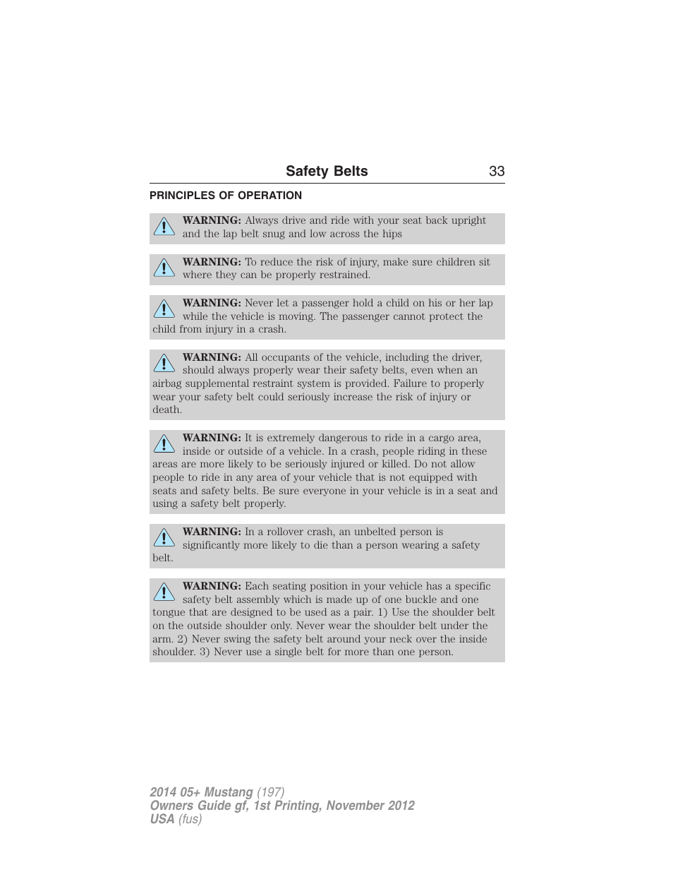 Safety belts, Principles of operation, Safety belts 33 | FORD 2014 Mustang v.1 User Manual | Page 34 / 461