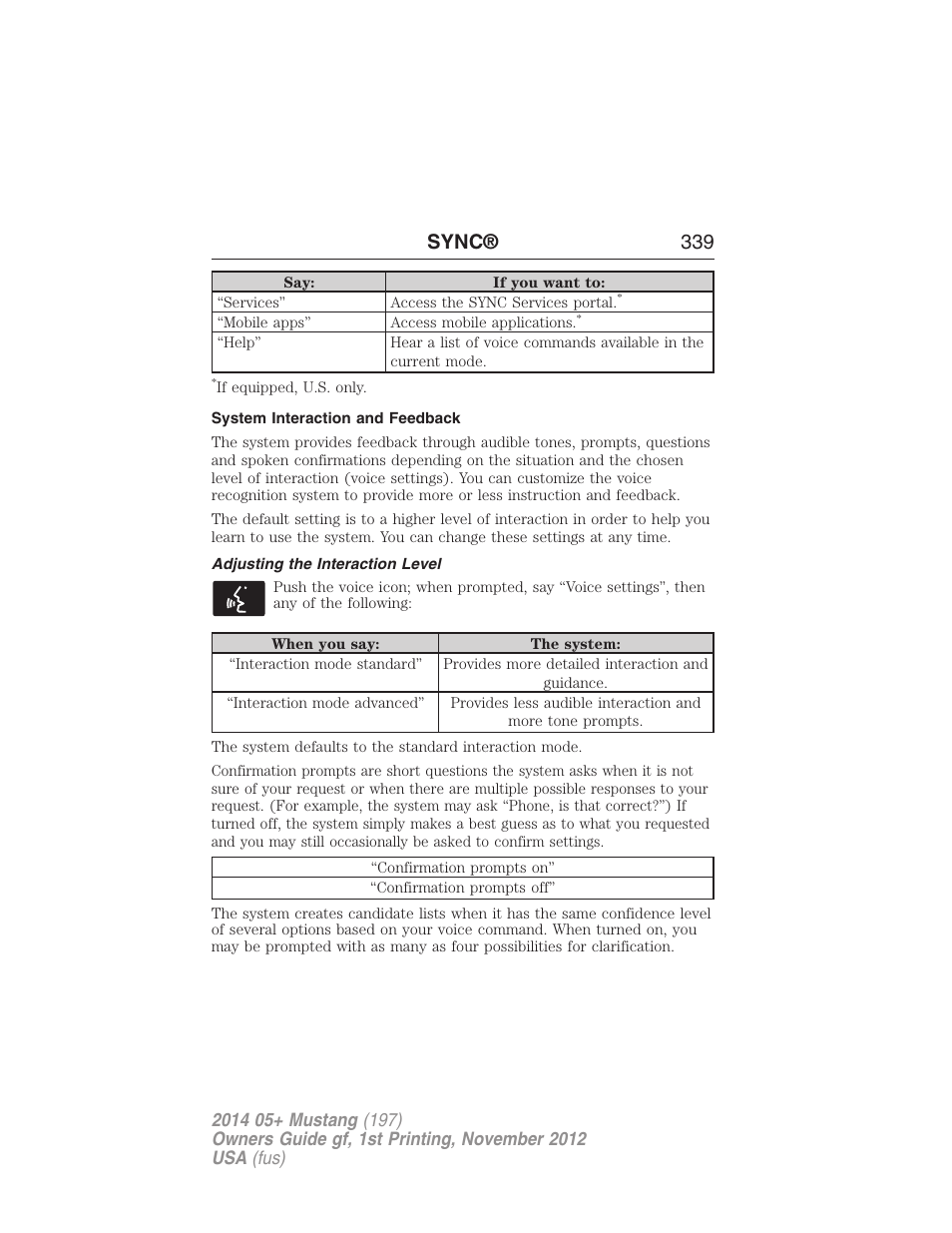 System interaction and feedback, Adjusting the interaction level, Sync® 339 | FORD 2014 Mustang v.1 User Manual | Page 340 / 461