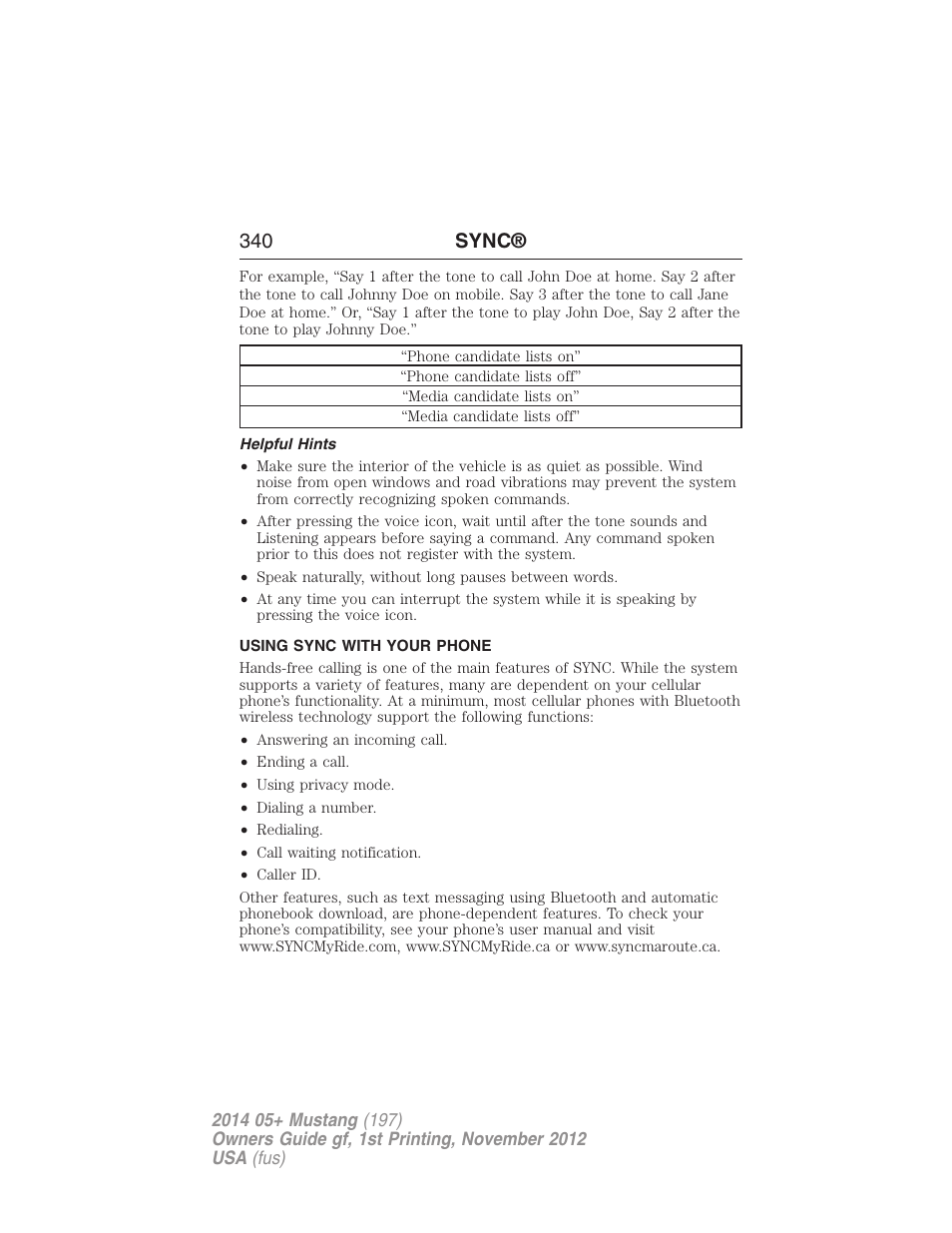 Helpful hints, Using sync with your phone, 340 sync | FORD 2014 Mustang v.1 User Manual | Page 341 / 461