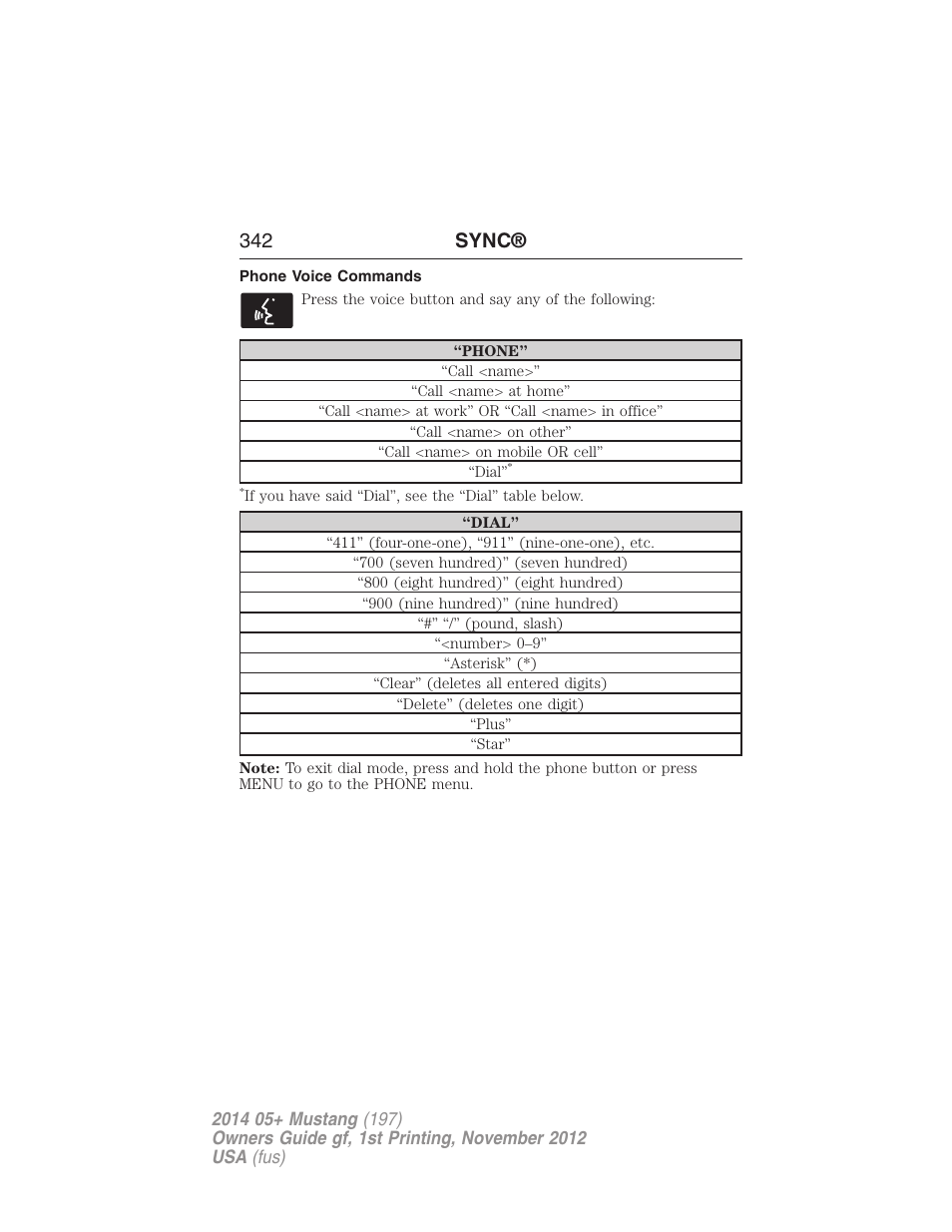 Phone voice commands, 342 sync | FORD 2014 Mustang v.1 User Manual | Page 343 / 461