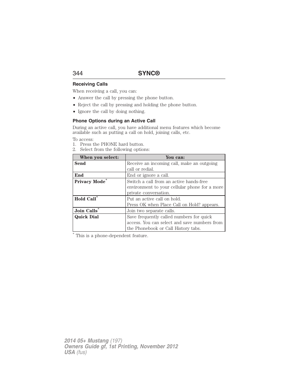 Receiving calls, Phone options during an active call, 344 sync | FORD 2014 Mustang v.1 User Manual | Page 345 / 461