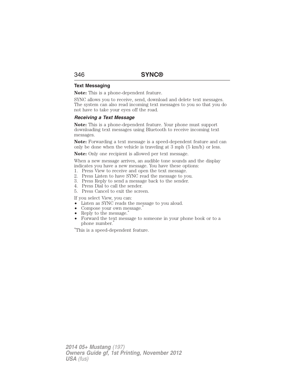 Text messaging, Receiving a text message, 346 sync | FORD 2014 Mustang v.1 User Manual | Page 347 / 461