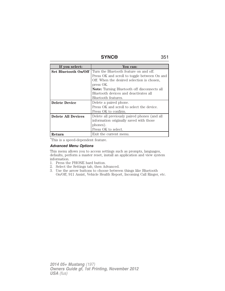 Advanced menu options, Sync® 351 | FORD 2014 Mustang v.1 User Manual | Page 352 / 461