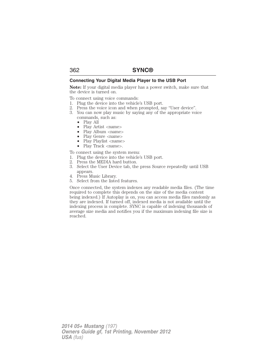 362 sync | FORD 2014 Mustang v.1 User Manual | Page 363 / 461