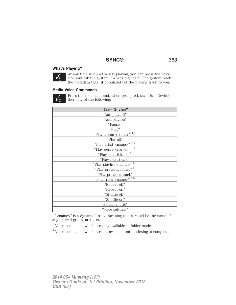 What’s playing, Media voice commands, Sync® 363 | FORD 2014 Mustang v.1 User Manual | Page 364 / 461