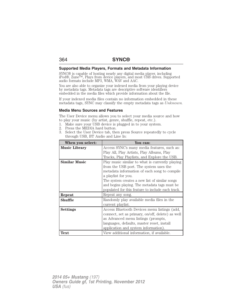 Media menu sources and features, 364 sync | FORD 2014 Mustang v.1 User Manual | Page 365 / 461