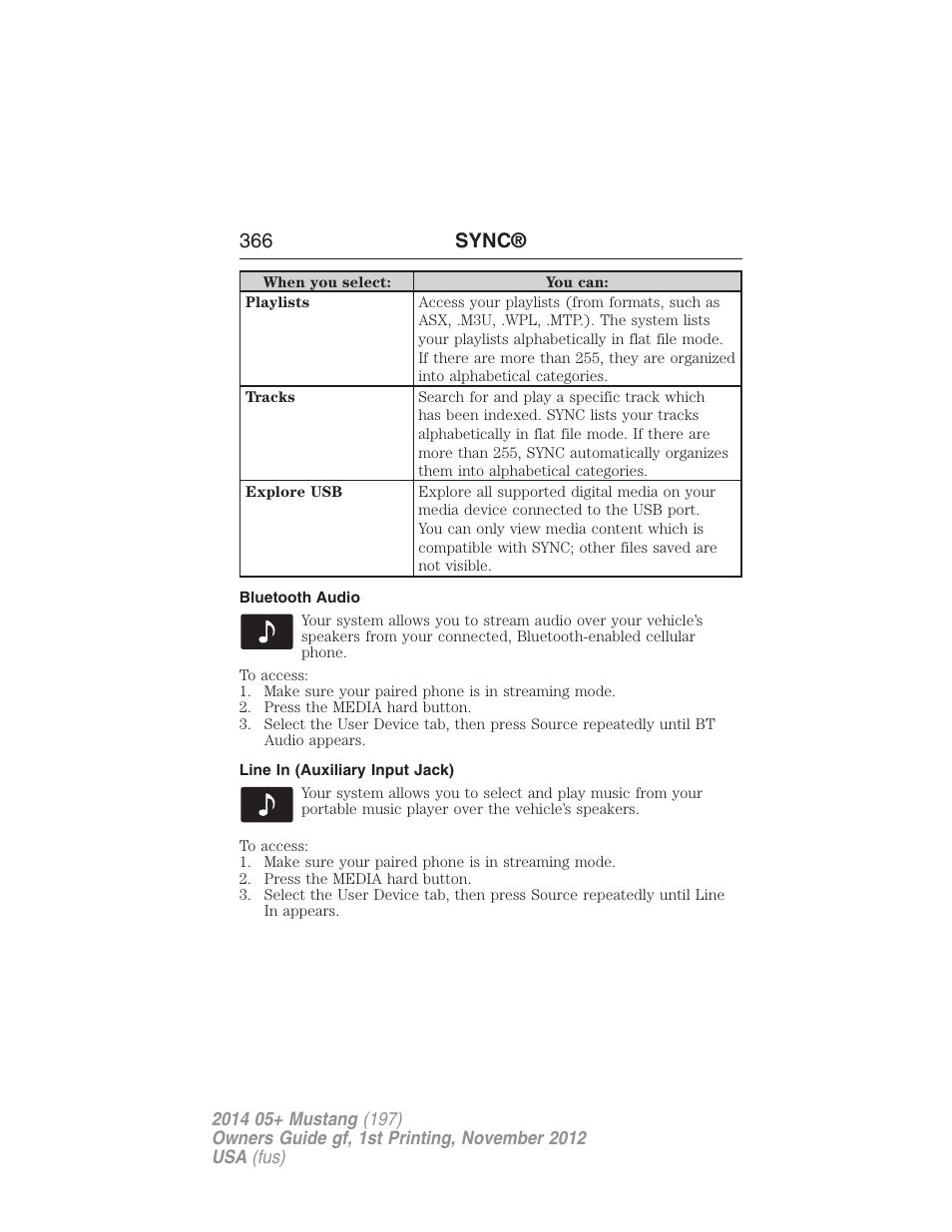 Bluetooth audio, Line in (auxiliary input jack), 366 sync | FORD 2014 Mustang v.1 User Manual | Page 367 / 461
