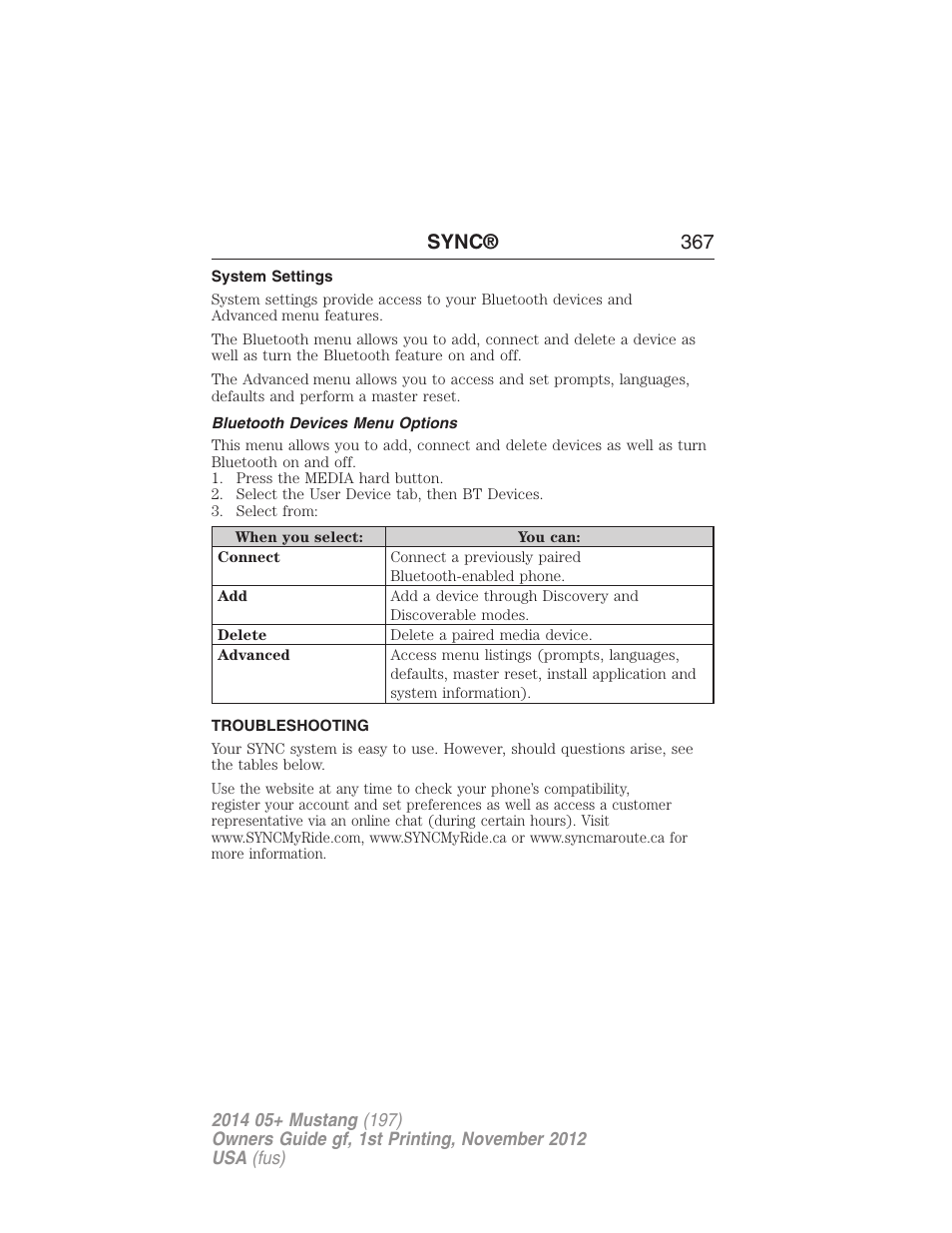 System settings, Bluetooth devices menu options, Troubleshooting | Sync® 367 | FORD 2014 Mustang v.1 User Manual | Page 368 / 461