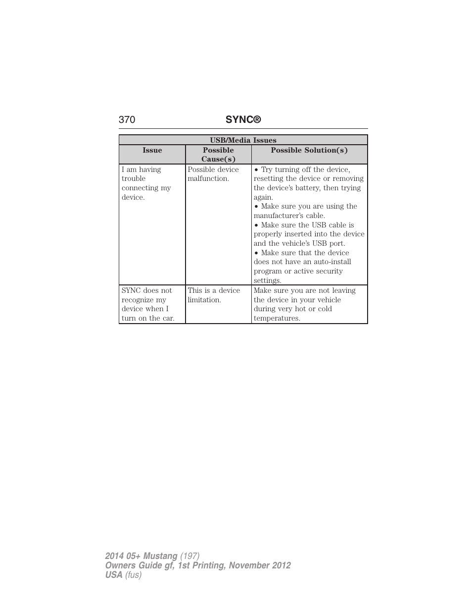 370 sync | FORD 2014 Mustang v.1 User Manual | Page 371 / 461
