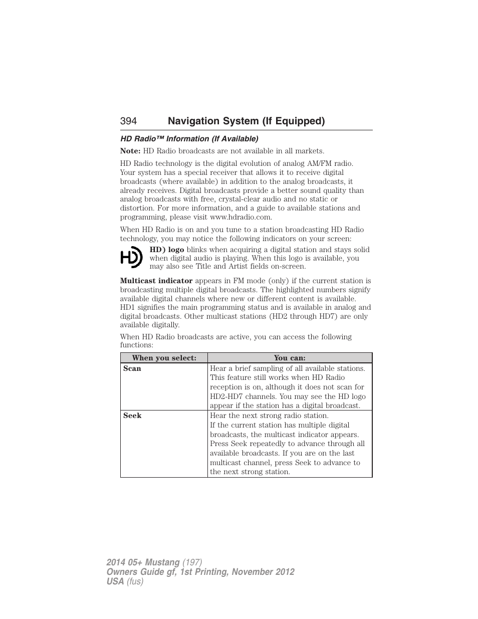 Hd radio™ information (if available), 394 navigation system (if equipped) | FORD 2014 Mustang v.1 User Manual | Page 395 / 461