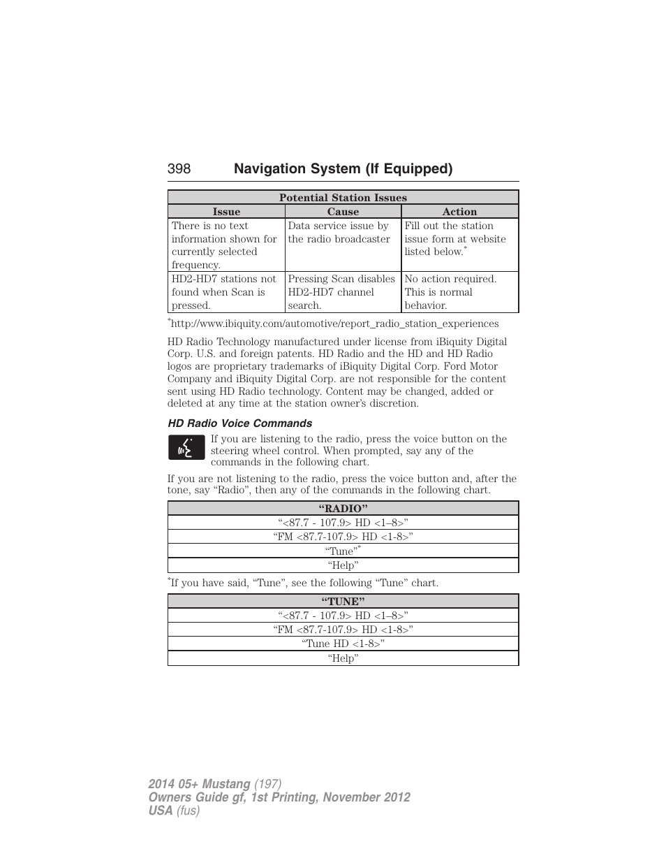 Hd radio voice commands, 398 navigation system (if equipped) | FORD 2014 Mustang v.1 User Manual | Page 399 / 461