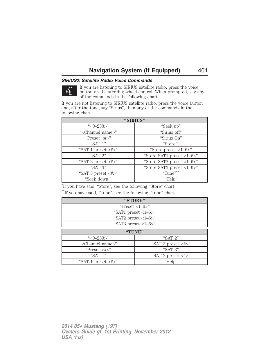 Sirius® satellite radio voice commands, Navigation system (if equipped) 401 | FORD 2014 Mustang v.1 User Manual | Page 402 / 461