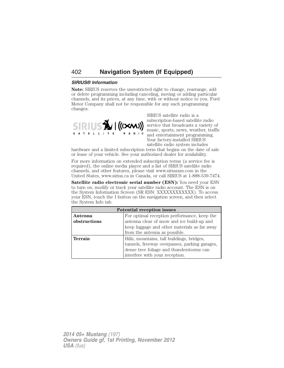 Sirius® information, 402 navigation system (if equipped) | FORD 2014 Mustang v.1 User Manual | Page 403 / 461